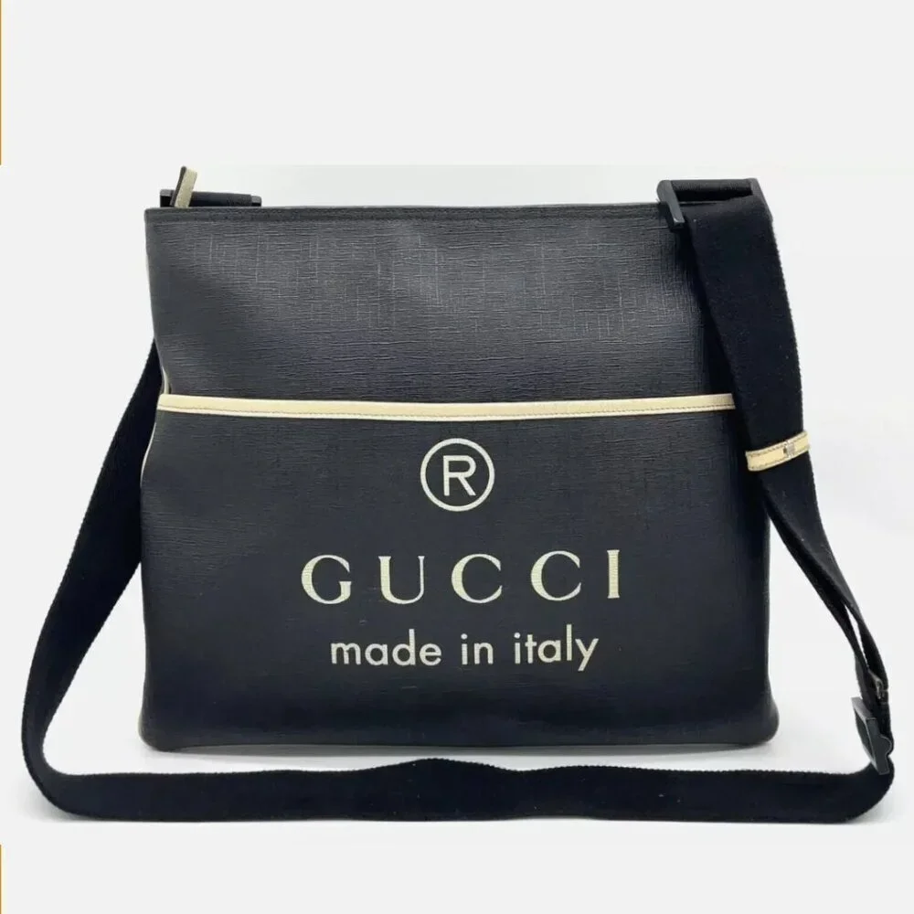 Authentic Gucci Logo Messenger Crossbody Bag Black Canvas Leather Trim Designer